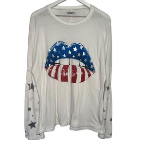 Lauren Moshi Flag Lips Love USA Tee Womens Small Long Bell Sleeve Top T-Shirt